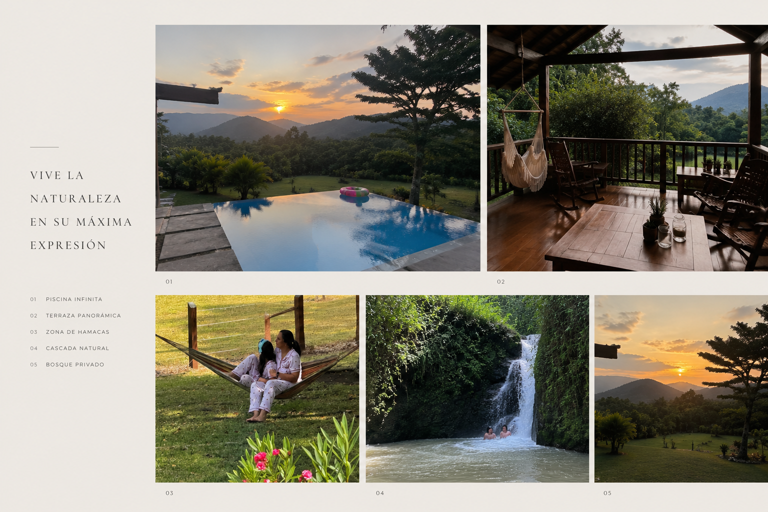 Collage de experiencias en Villa del Pino: piscina infinity, terraza panorámica, zona de hamacas, cascada natural y bosque privado en Quintas del Bosque, Jarabacoa